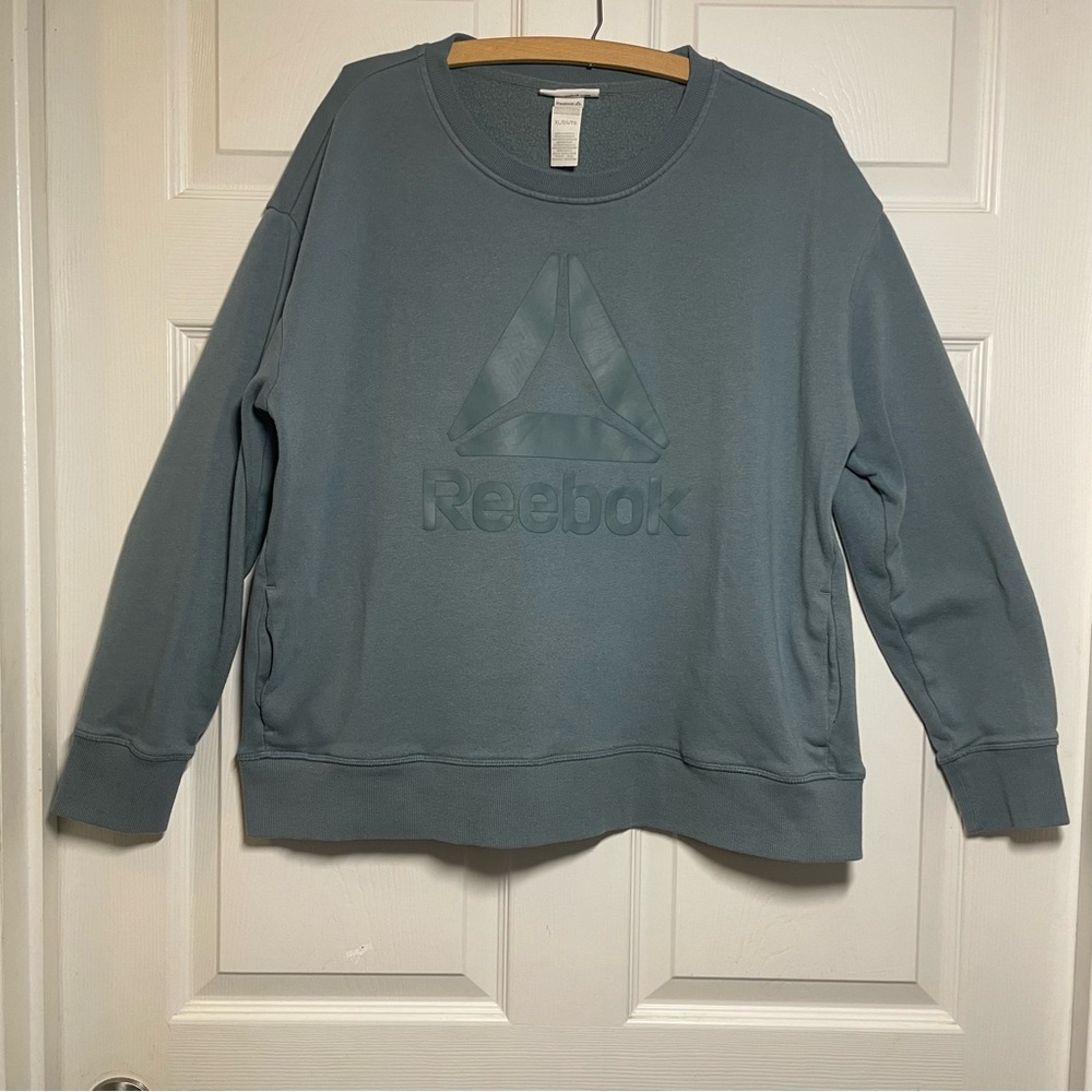 REEBOK Womens XL Sweatshirt With Pockets Light Blue Long Sleeve Pullover
